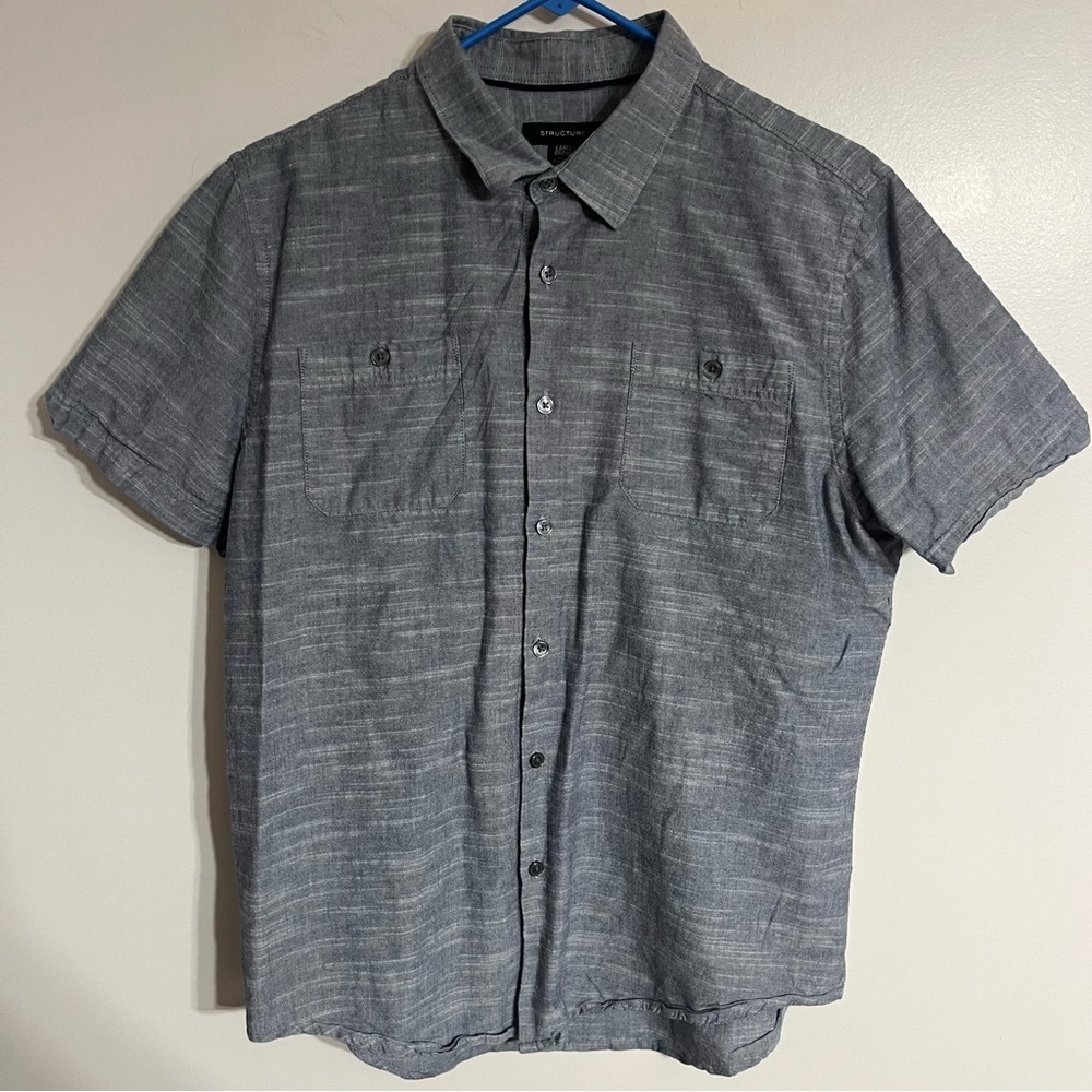 Men's Structure Heathered Gray Short Sleeve Button Down Shirt 100% Cotton Size L